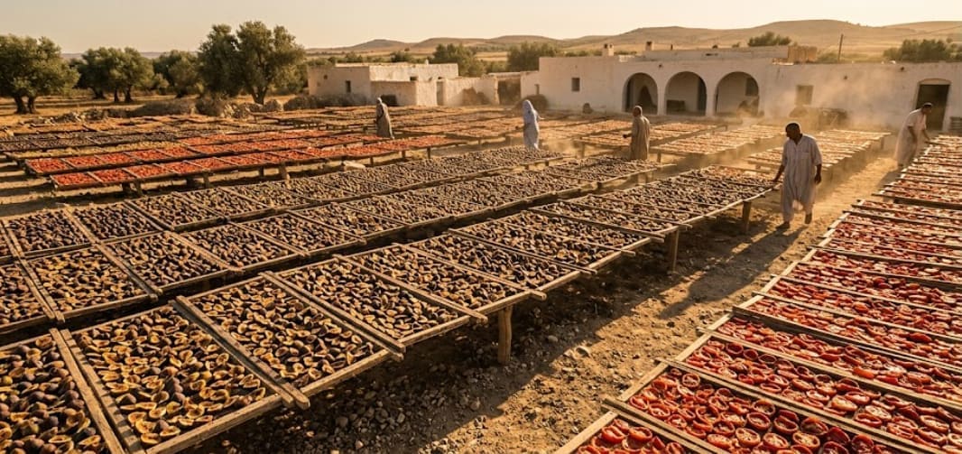 Claies de séchage de figues et tomates au soleil