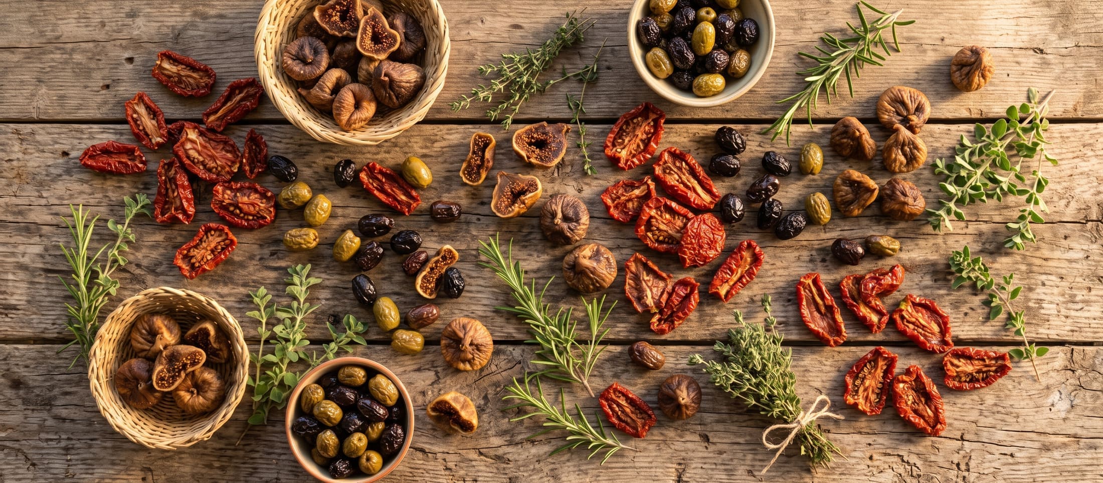 Figues, tomates et olives séchées vues de dessus